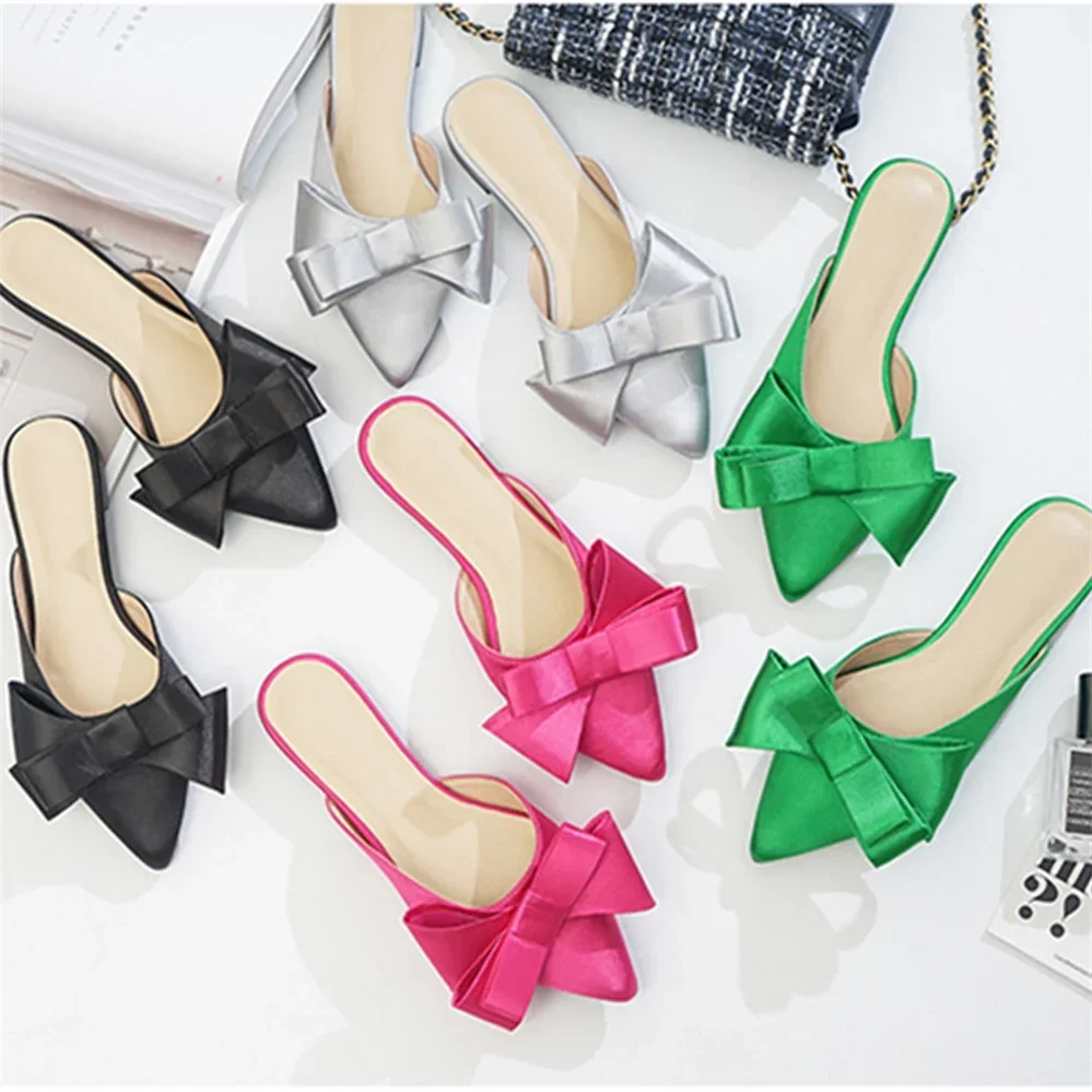 

Новые полутапочки Baotou, женские весенне-летние 2021, атласные туфли-мюллеры в корейском стиле с бантом, модные сандалии на плоской подошве, женская обувь, мюли