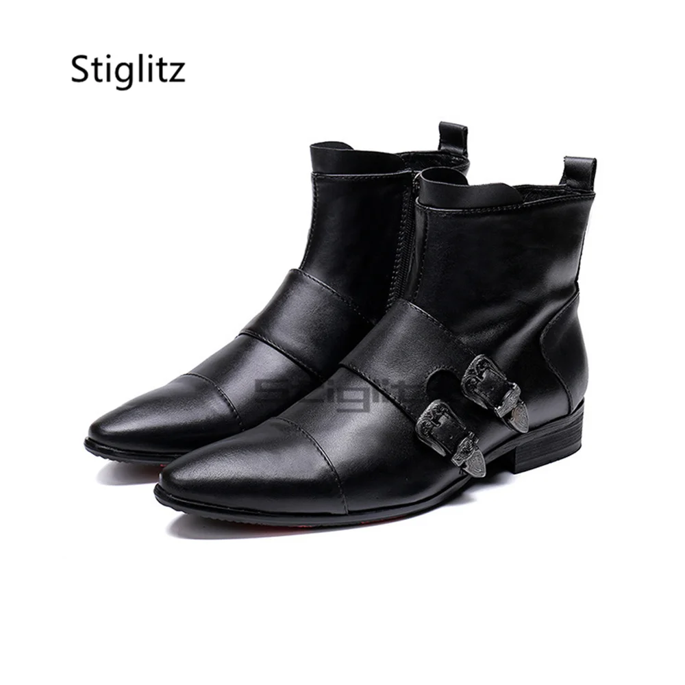 Men's Double Metal Buckle Chelsea Boots Black Genuine Leather Pointed Toe Side Zip Ankle Boots Low Block Heel Dress Male Shoes - view 3
