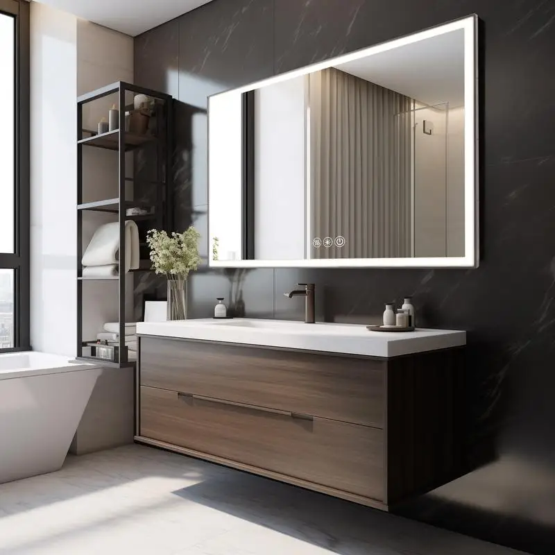 

48x32in LED Bathroom Vanity Mirror, Aluminum Frame, 45° Beveled Edge, 3 Color Options, Anti-Fog Feature, Perfect for Modern