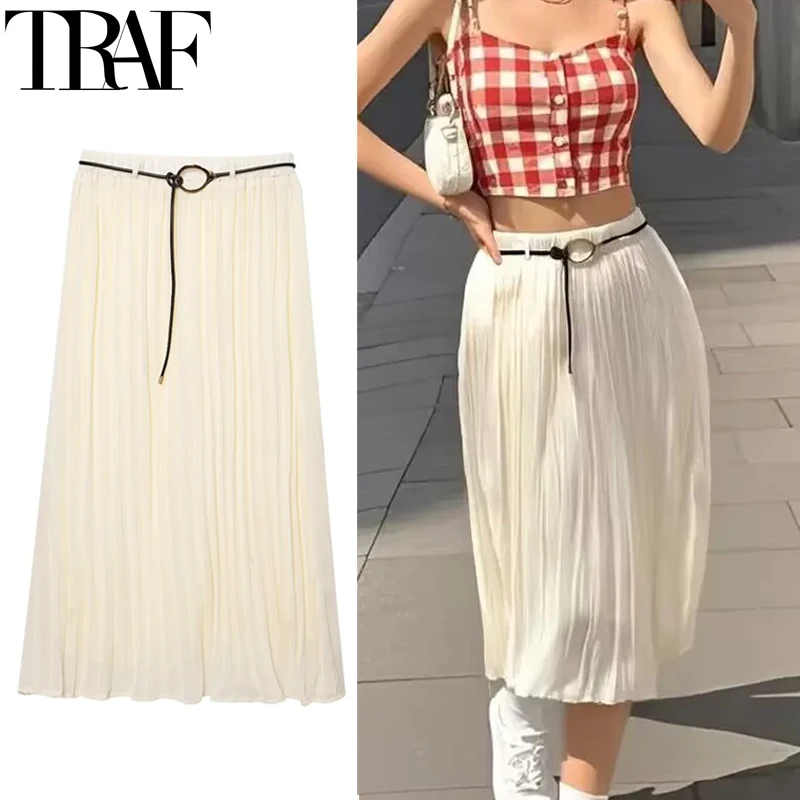 

TRAF Belt Pleated Skirt Woman 2025 Summer Elegant Women's Skirts High Waist Fairy Chiffon Midi Skirt Casual Tulle Long Skirts