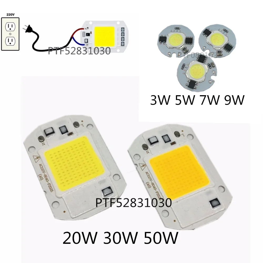 10pcs Power CoB  Lamp Chip 3W 5W 7W 9W 20W 30W 50W Light Bulb 220V IP65 Smart IC White Warm White For LED Spotlight Floodlight