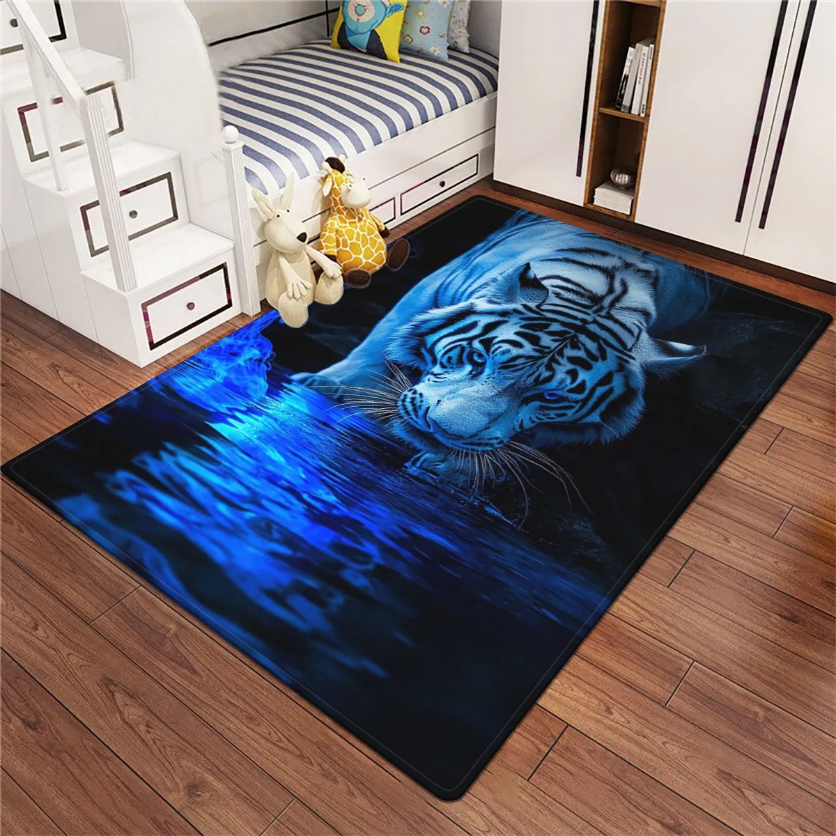 2D Flat Blue Tiger Drinking Water Smoke Effect Flannel Area Rug Non Slip Wildlife Art Carpet For Living Room Floor