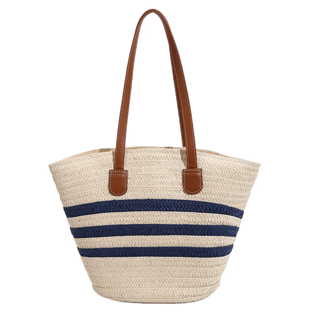 

Women Straw Shoulder Bag Color Contrast Striped Tote Handbag Large Capacity Simple Shoulder Bag Ladies Summer Daily Bag