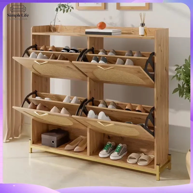 4 Door Shoe Cabinet with Rattan Doors Wooden Hallway Storage Cabinet Metal Frame Top Shelf for Shoes Boots Sneakers Flats