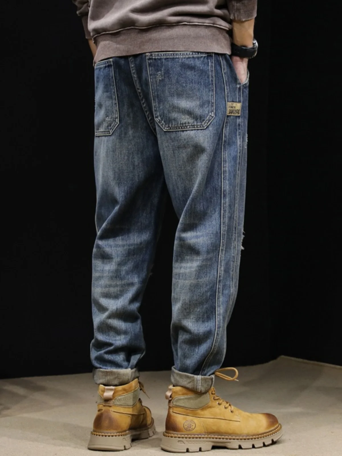 

Американские джинсовые джинсы в стиле ретро, мужские модные брендовые весенне-осенние свободные длинные брюки, новые брюки с девятью точками с дырками