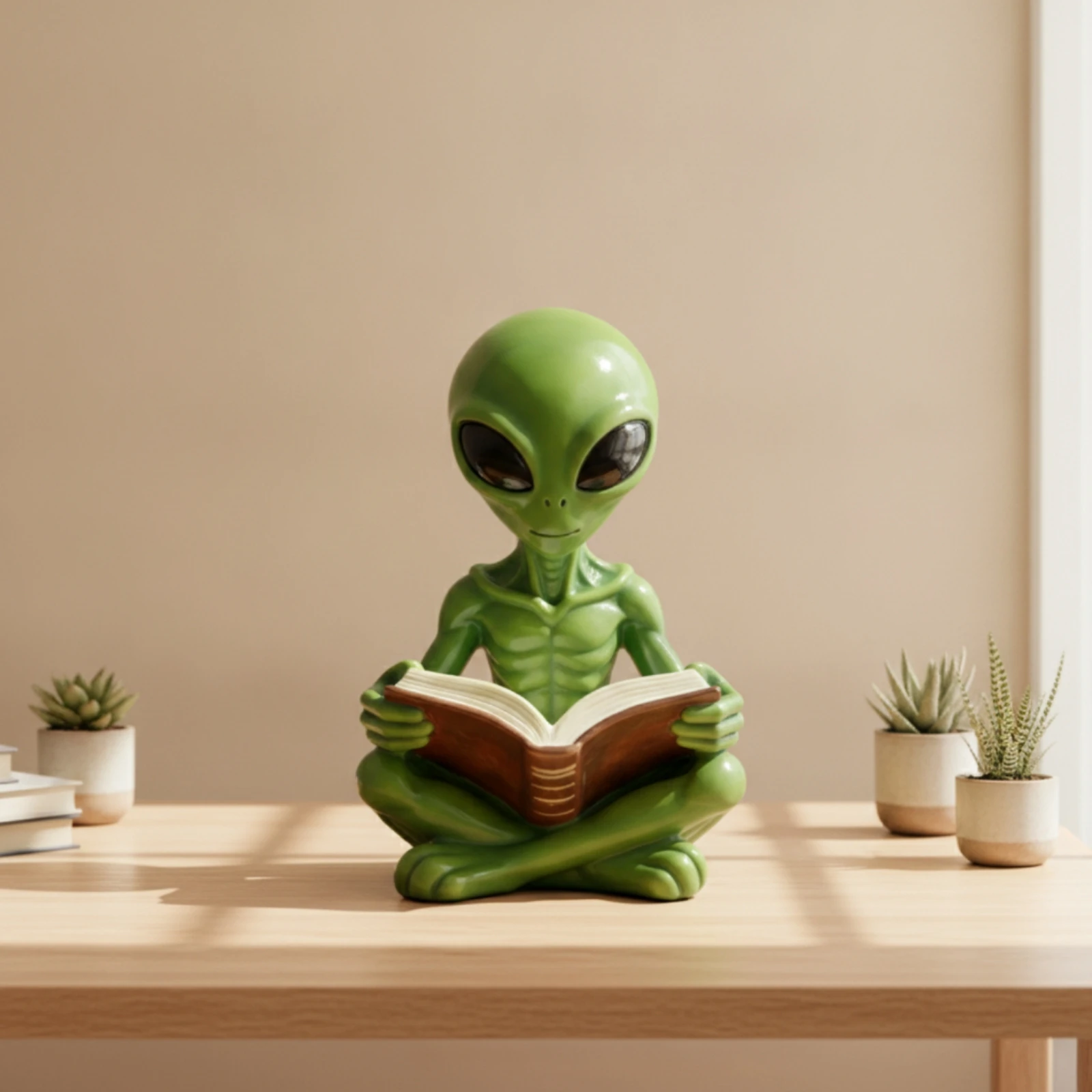 Alien Figurine with Book Glossy Resin Alien Figurine Garden Statue Miniature Funny for Bookshelf, Desk