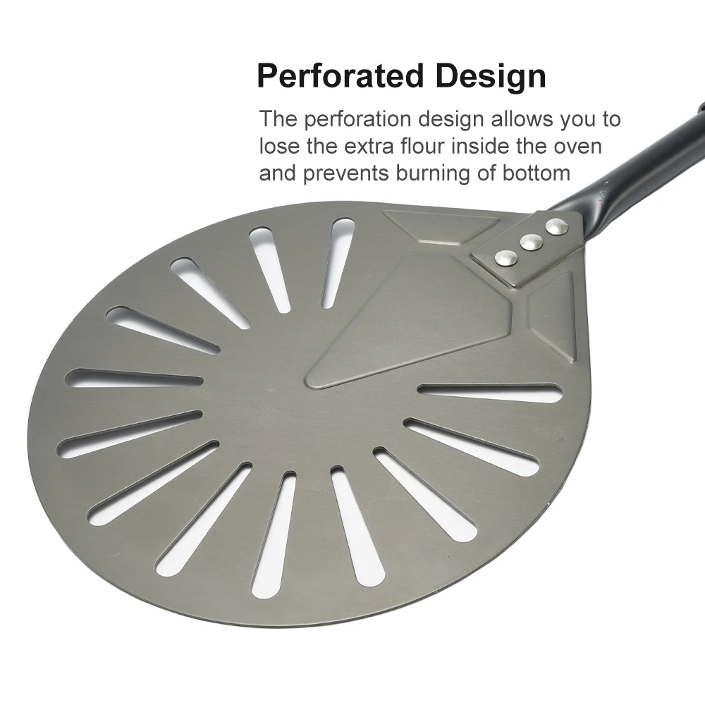 12" Hard Anodized Perforated Pizza Peel Rectangle Pizza Turning Shovel Set Aluminum Pizza Peel Paddle 40cm Long Silicone Handle