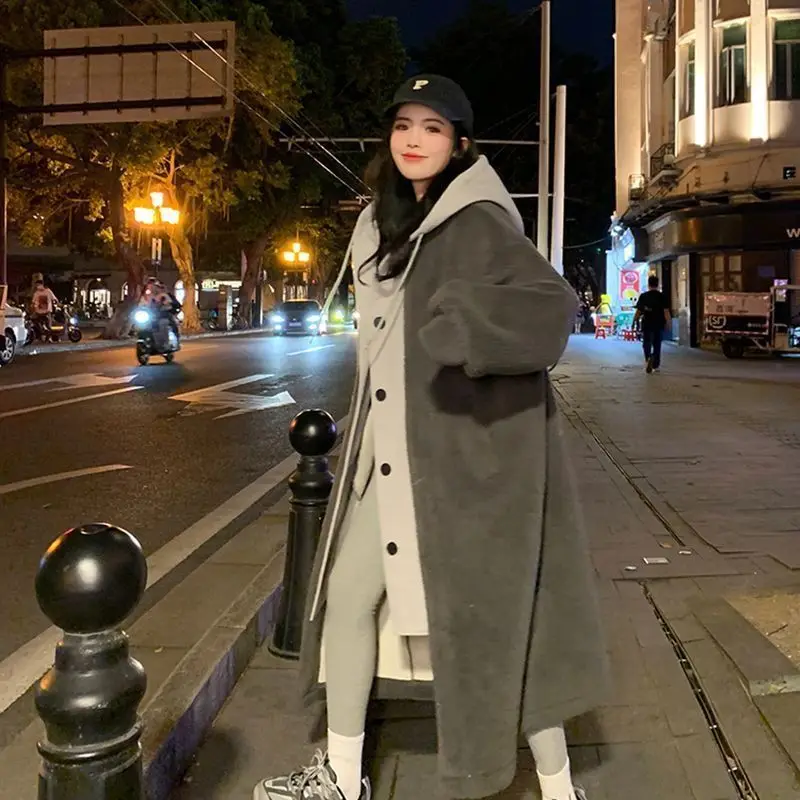 women woolen coat 2026 new loose thick long faux lambskin fur coat autumn winter warm featuring hooded jackets women's clothing