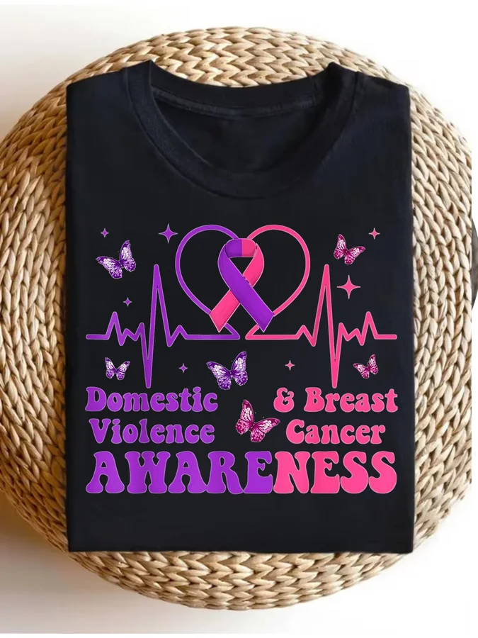 Breast Cancer Awareness Shirt Women Domestic Violence T-Shirt Pink Purple Ribbon Graphic Tees Charity Events Casual Short Sleeve Tops