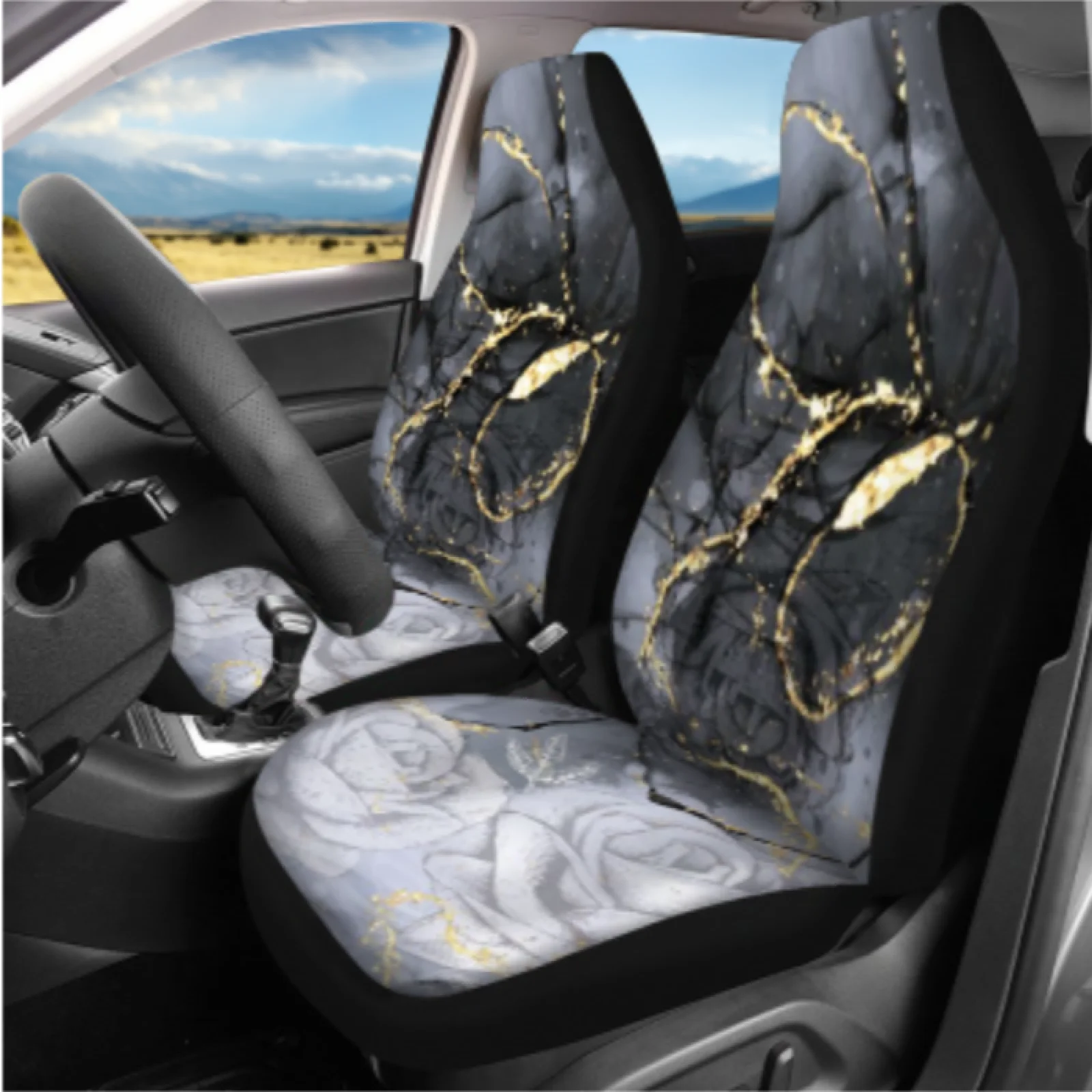 Coloranimal Marble 14 Pieces Cars Seat Covers Sets with Long Lasting Auto Seat Belt Cover and Key Fob for Car Interior