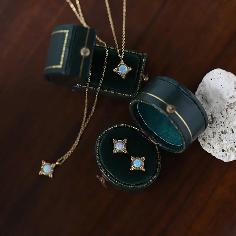 316L Stainless Steel PVD Gold Plated Necklace Mini Palace Style Dream Blue Opal Gem Star Shape Earring Pendant Women Jewelry Set