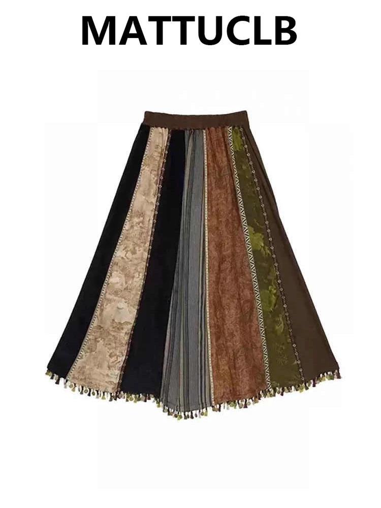 Autumn Winter Women's Midi Skirt Patchwork Contrast Color Cottage Core A-line French Vintage Aesthetic Evening Party Y2k Design