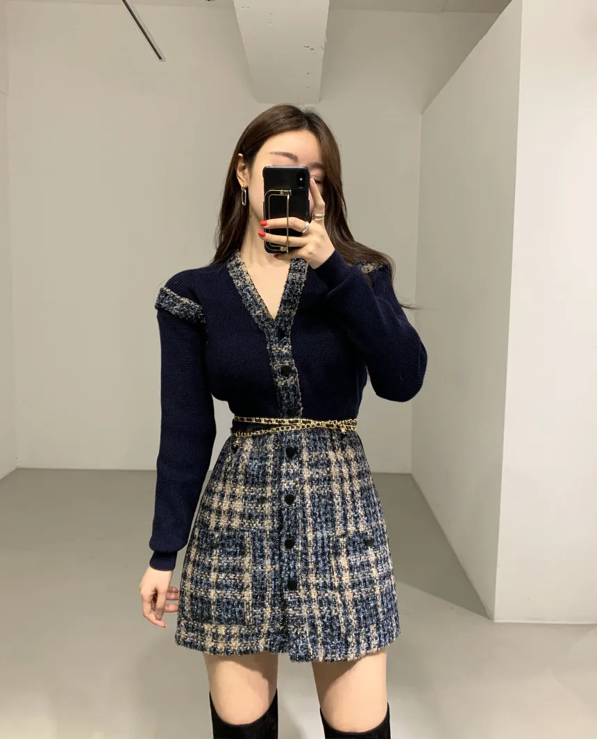 Women's Spring Autumn Chic Single Breasted Knitting Splicing Tweed Dress With Belt Vestidos Robe Femme