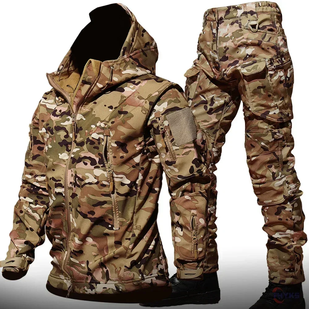 6XL Winter Clothes Sets Soft Shell Tactical Hooded Jacket Straight Cargo Pants Suits Waterproof Militarmy Combat Uniform