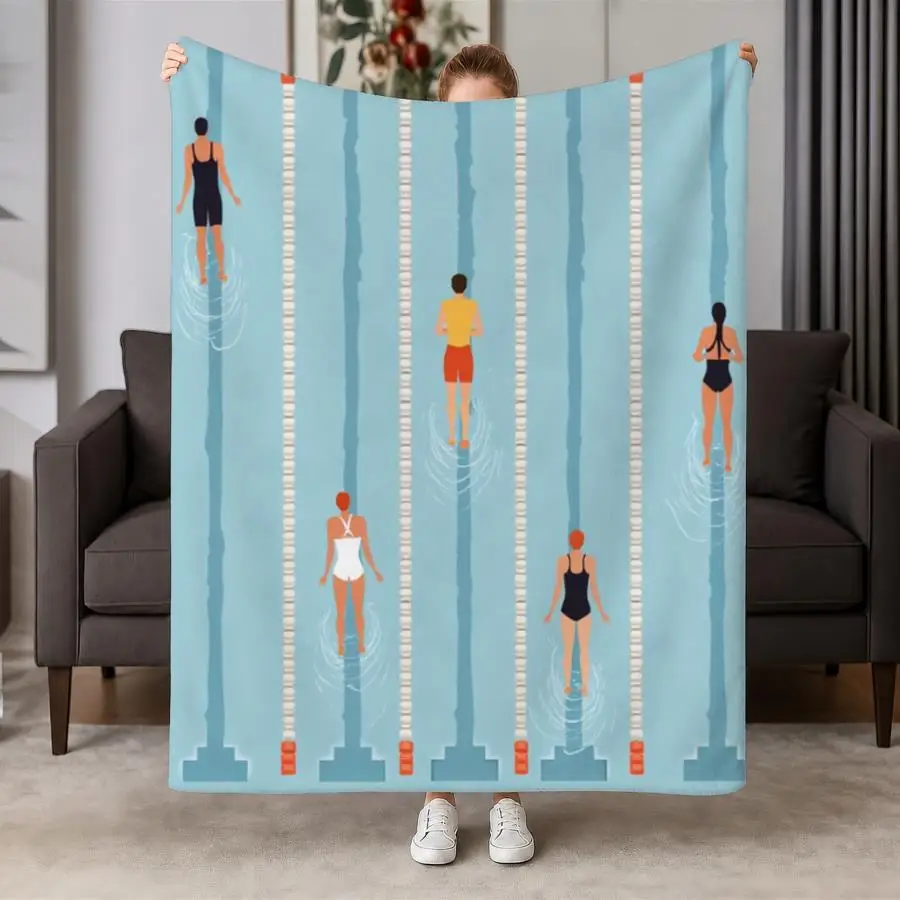 Minimalist Swimming Pool Flannel Throw Blanket - Soft Warm Weighted Bedspread Suitable for Couch, Bed, Office & Travel, Machine Washable Pool Lane Design with Swimmers, Gift for Sports Lovers, - Cozy Blanket for, 2D Flat