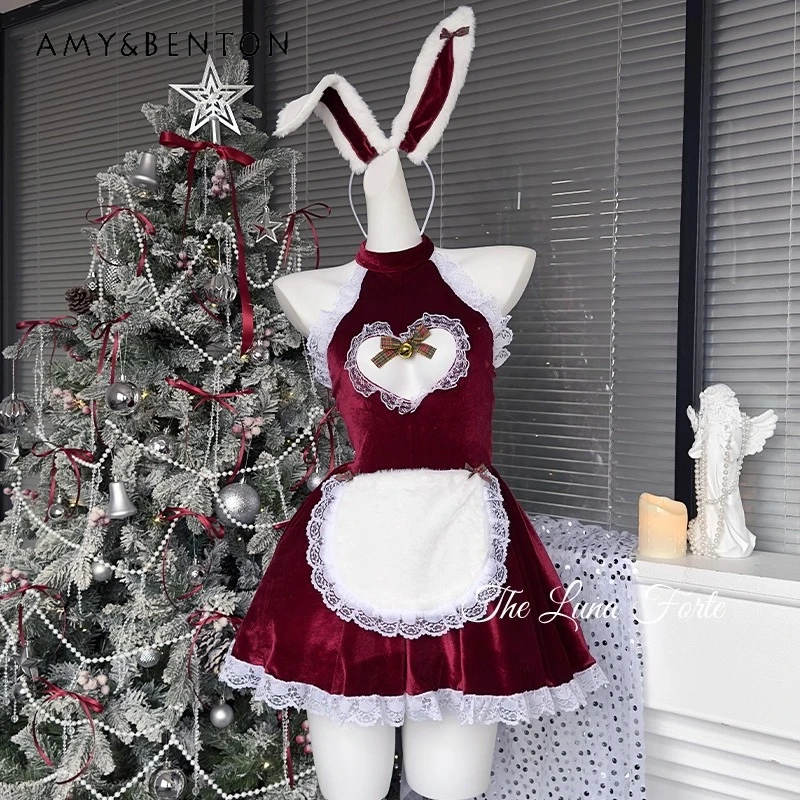 

Christmas Sweet Red Velvet Women's Nightdress 2025 Autumn Winter New Hot Girl Sexy Lace Splicing Homewear Pajama Sets Ladies