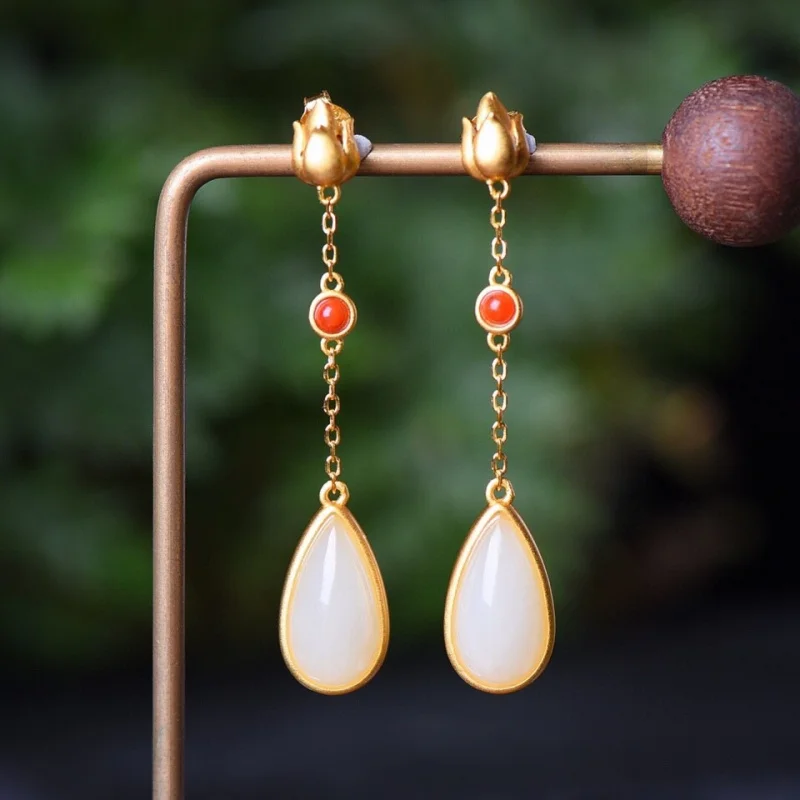 

Серьги из серебра 925 пробы Hetian, украшенные южно-красным нефритом, теплые серьги