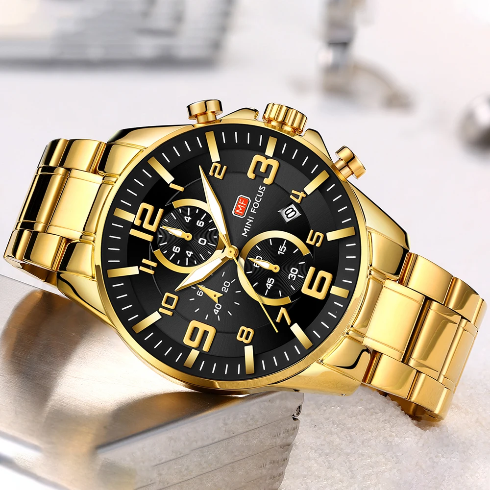 MINI FOCUS Royal Quartz Mens Watches Top Brand Luxury Waterproof Gold Waterproof Watch Stainless Steel Strap Luminous Hands 0278