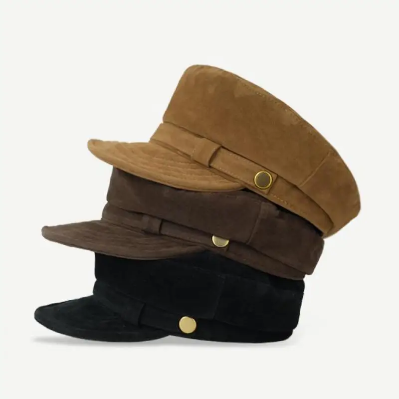 Cappelli autunno inverno per donna uomo berretto militare vintage unisex cappello da pittore in pelle scamosciata retrò semplice berretto femminile nuovo casual