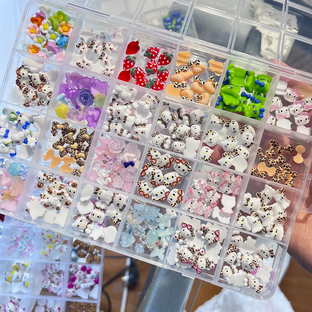 3D 믹스 레오파드 프린트 헬로키티 네일 아트 데코 귀여운 나비 꽃 보우 네일 참 24칸 레오파드 KT 네일 부품