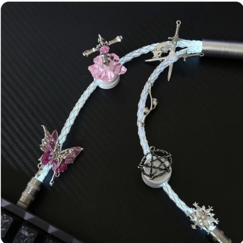 Customized Mechanical Keyboard Cable Butterfly Metal Pendant Glowing Braided Pilot USB-C Cable Game Table Aesthetic Decoration