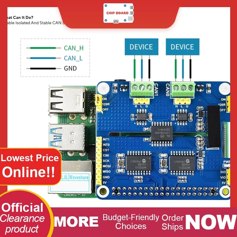 

Waveshare 2-Channel Isolated CAN HAT for Raspberry Pi using dual-chip design.