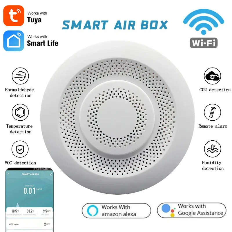 

Tuya Wifi Smart Air Box Quality Monitor CO2 Sensor Temperature Humidity Meter VOC HCHO Gas Detector Automation Alarm Dector