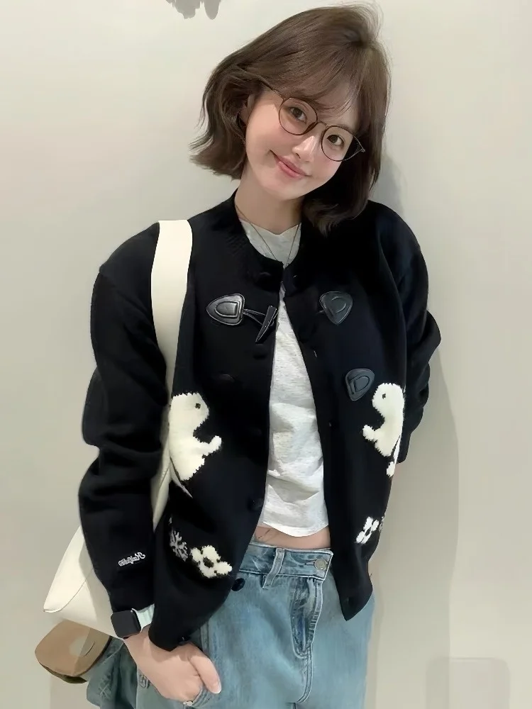 

Retro Fair Isle Rabbit Knit Thiened round Ne Sweater Coat Women's Autumn Winter ort Top with Horn Buttons Knitted Cardigan