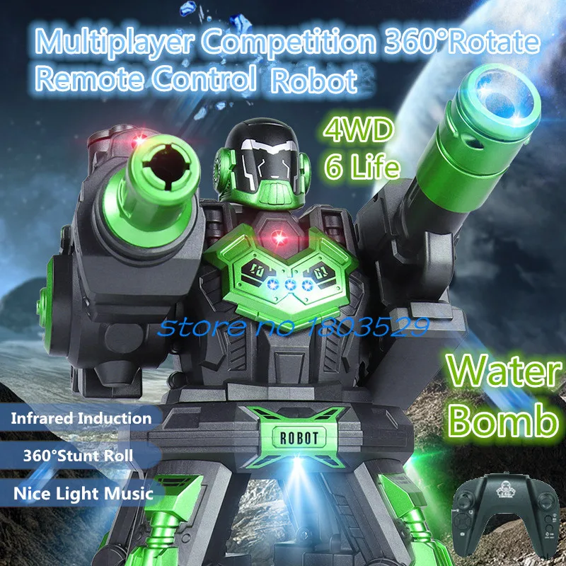 Multiplayer Battle 360° Rotate Remote Control Robot 2.4G 4WD 6 Life Infrared Induction Light Music Water Bomb RC Robot Kids Toy