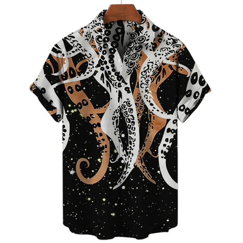 3D Printed Sea Animal Tentacles Shirt Men's Cool Unique Pattern Design Shirts Harajuku Street Lapel Short Sleeve Button Blouse