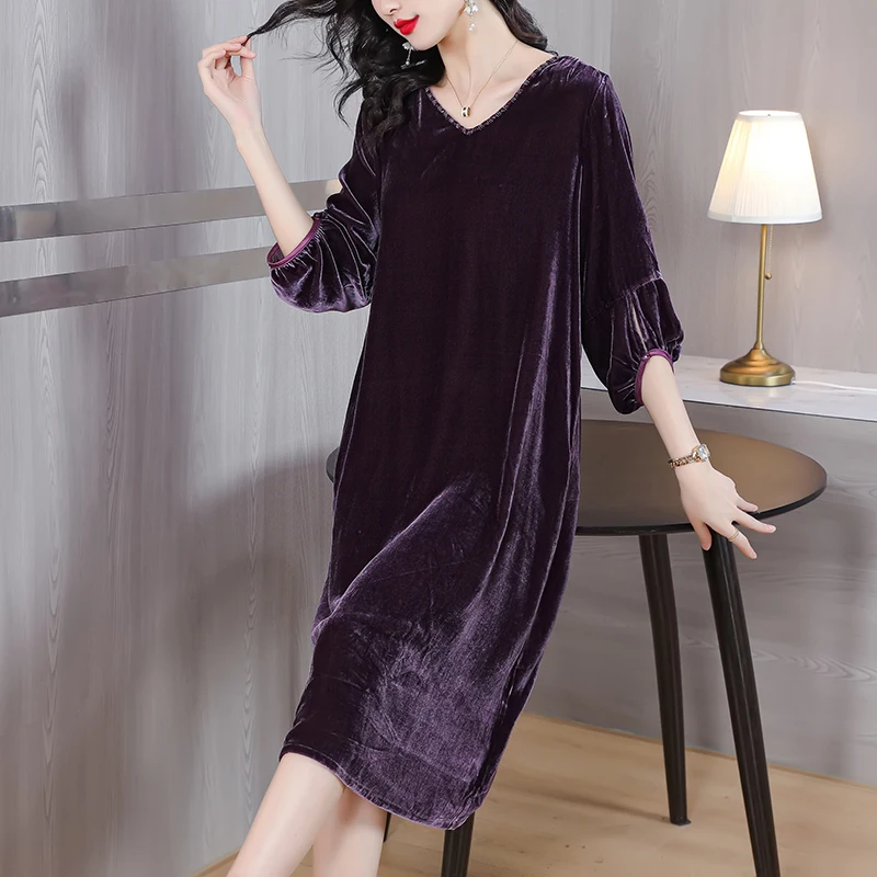 

2023 New Fashion Silk Velvet Dress Women's Autumn Versatile V-neck 7/4 Sleeve Loose Fit Casual Holiday Dress Vesidos