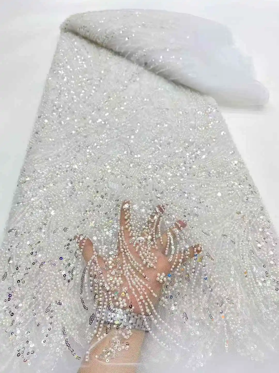 French Beaded Sequins Lace Fabric High Quality 5 Yard Mesh Tulle African Lace Fabric Nigerian Wedding Dress for Women-DP