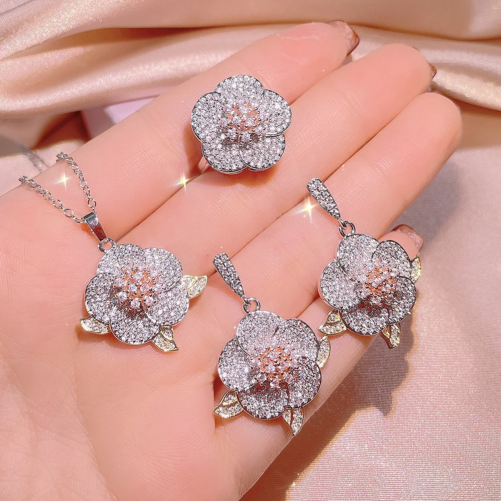 Romantic and exquisite engagement jewelry sets silver 925 luxurious diamond inlay pink flower earrings rings necklaces gifts