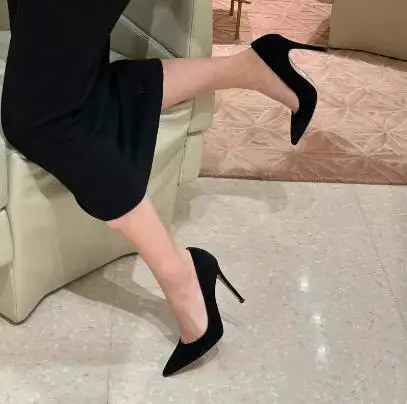 Classic Women Black Suede Pointed Toe Shallow Slip On Pumps Female 8 10 12 CM Stiletto Heel Party Dress Shoes Office Lady Shoes