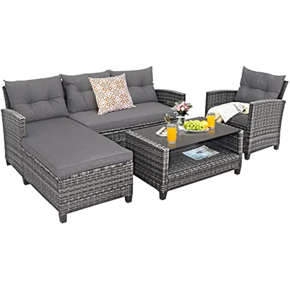 

4PCS Patio Rattan Furniture Set Sofa Ottoman Cushion Garden Deck Grey