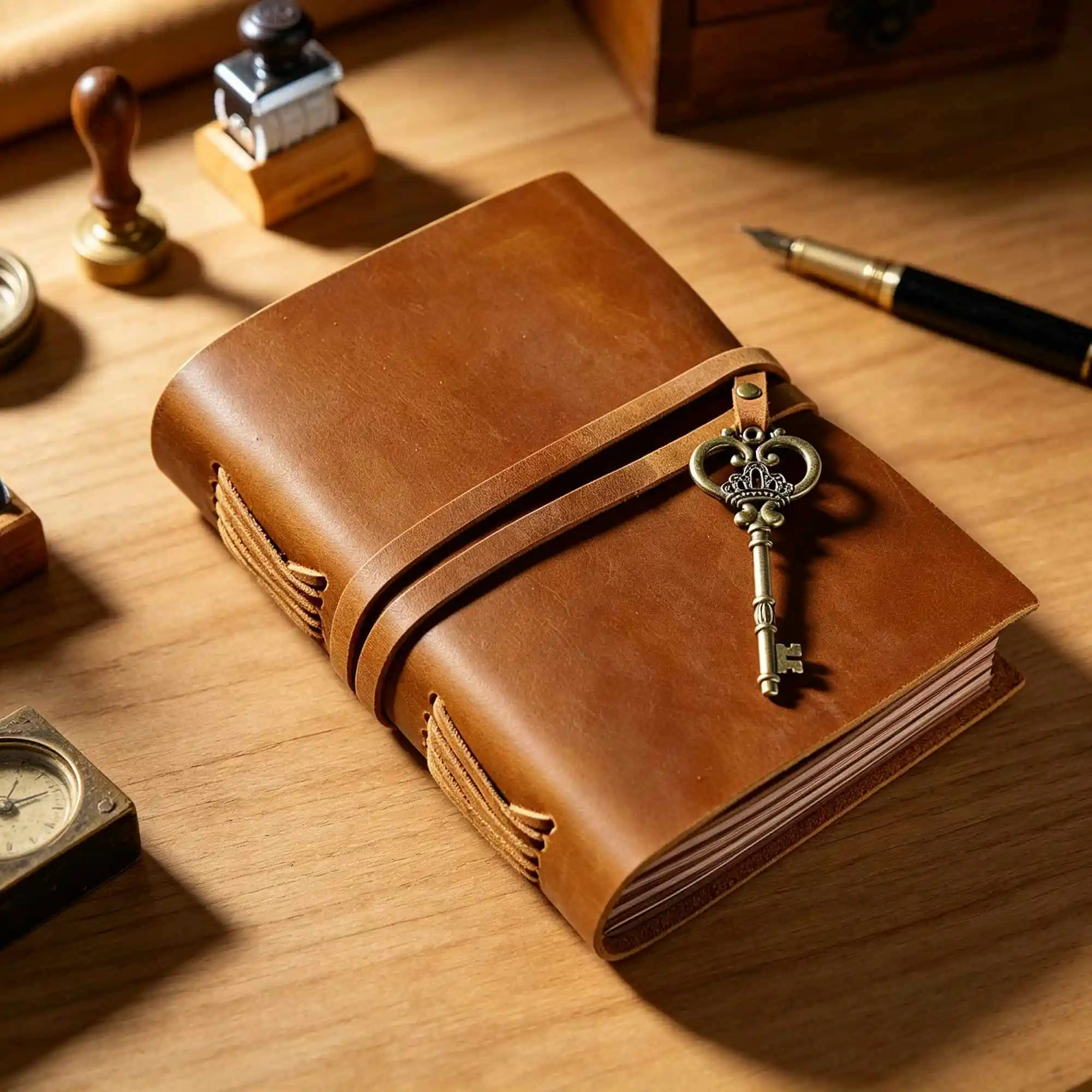 Genuine Leather Retro Sketchbook Drawing Notebook 300 Pages Blank Kraft Paper Journal with Key Charm, Leather notebook journal