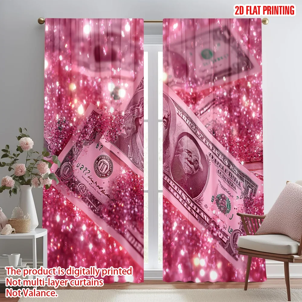 

2D flat printing 2pcs Window Curtains Pink Glittering Money Digital Printed Polyester Drapes Birthday Party Use for New Year