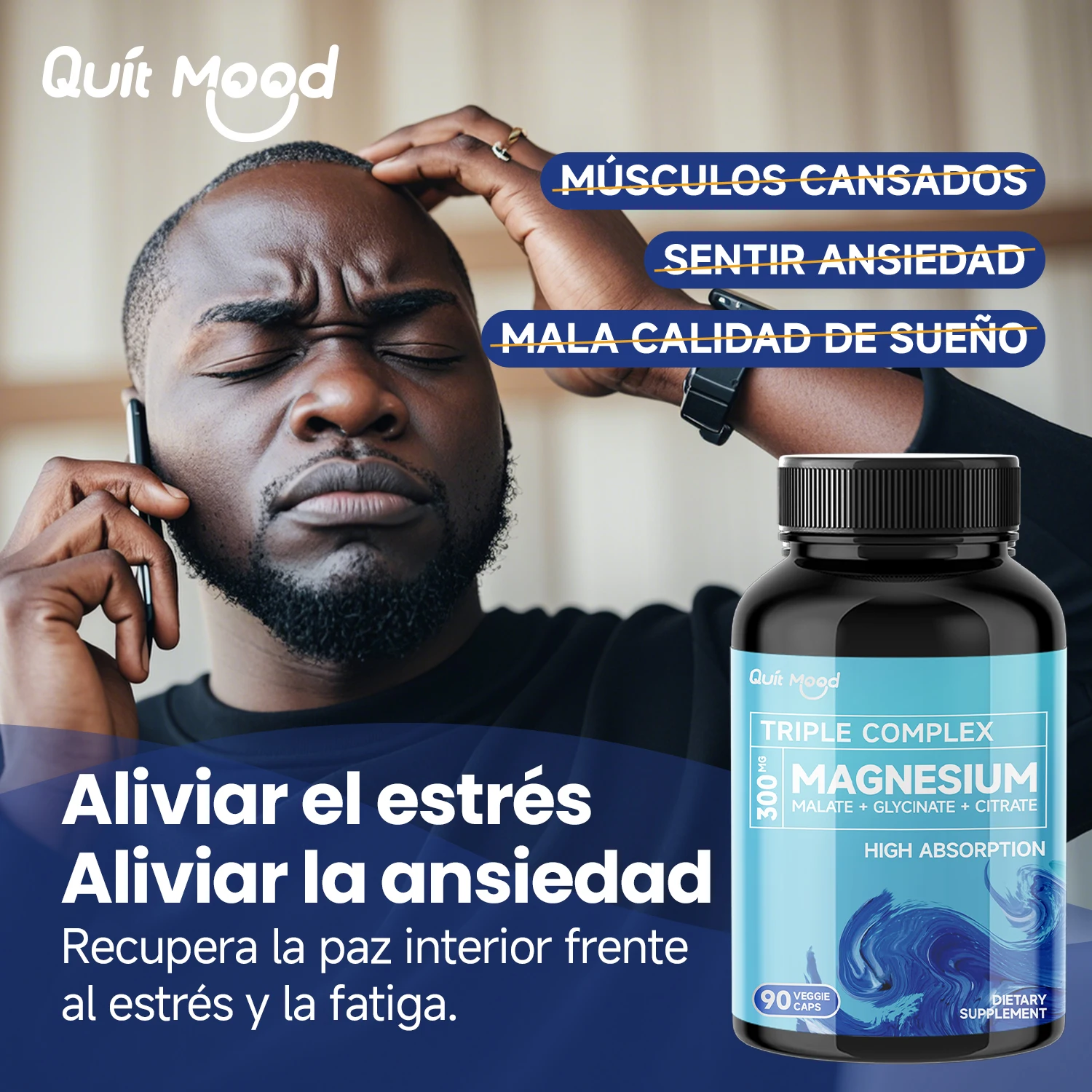 Quitmood Triple Magnesium Complex - 300Mg Glycinate+Malate+Citrate Mg - دعم العضلات والأعصاب والطاقة - امتصاص عالي