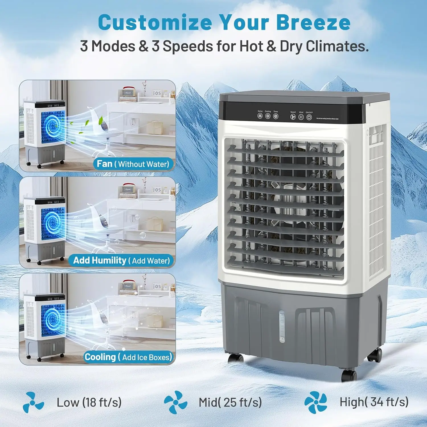 Portable Evaporative Air Cooler 1800 CFM Swamp Cooler 53 Gal Water Tank 6 Ice Packs 3 Modes 3 Speeds 120 Oscillation 12H Timer B