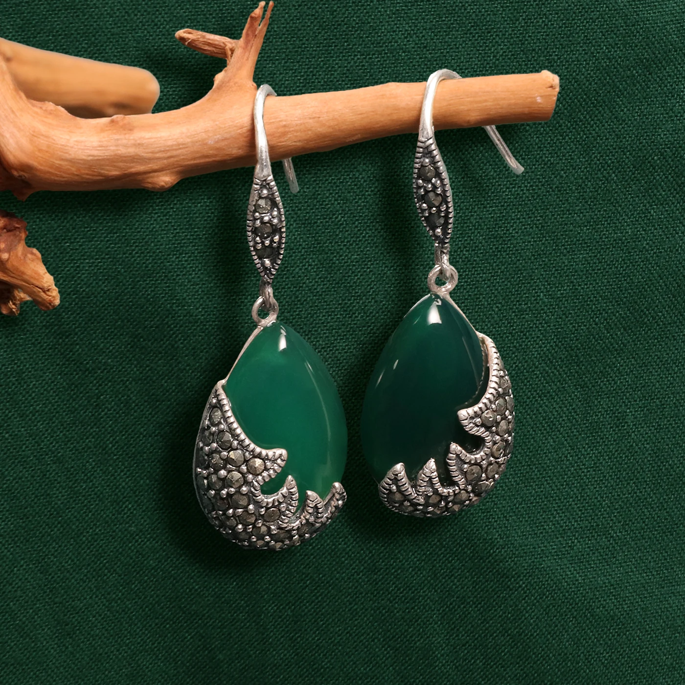  ﻿ ﻿ YYSuniee Thai Silver Solid 925 Sterling Silver Black Onyx Agate Green chalcedony  Drop Dangel Earrings for Women Gift