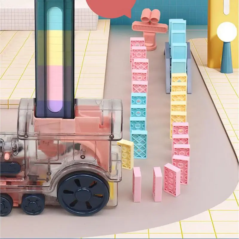 Set di domino per bambini Piccoli treni elettrici automatici Macchina per domino creativa con luci e suoni Giocattoli STEM per bambini Divertimento