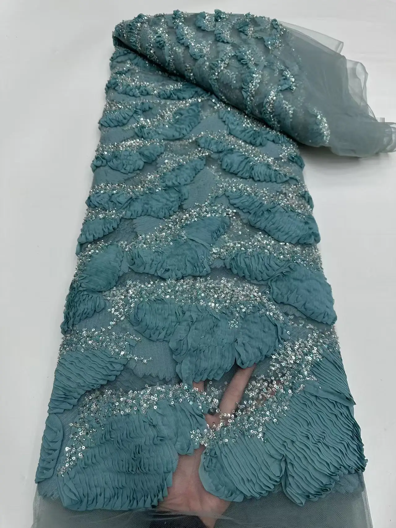 Rosa di Lusso 3D Paillettes Perline Tessuto di Pizzo Moda Ricamo Francese Tulle Maglia Tessuto di Pizzo per Abito Da Sposa 5 Metri AH1456