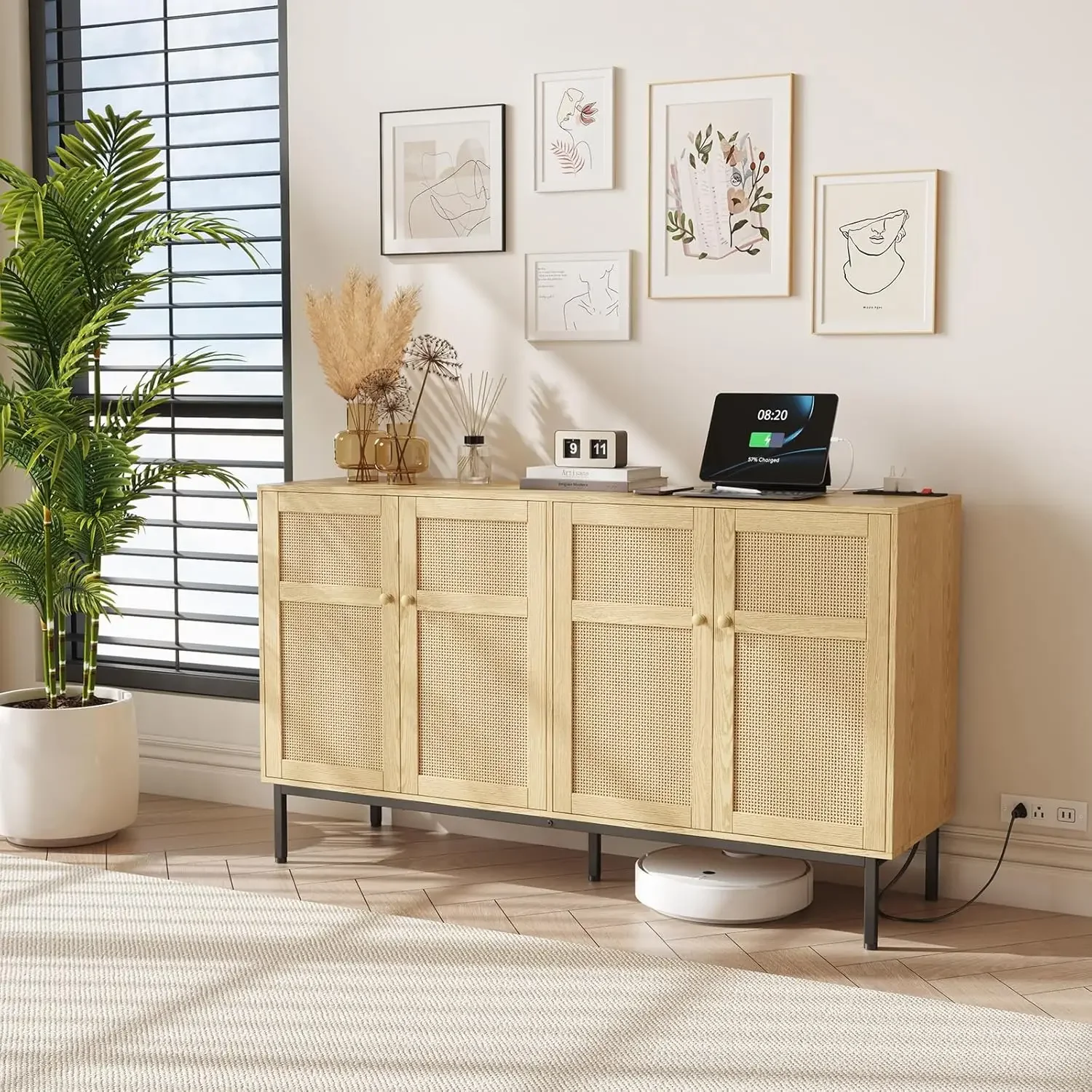 Rattan Sideboard Buffet Cabinet,Console Table with Power Outlet, Credenza, Storage Cabinet, Coffee Bar Cabinet, 4 Doors, Natural