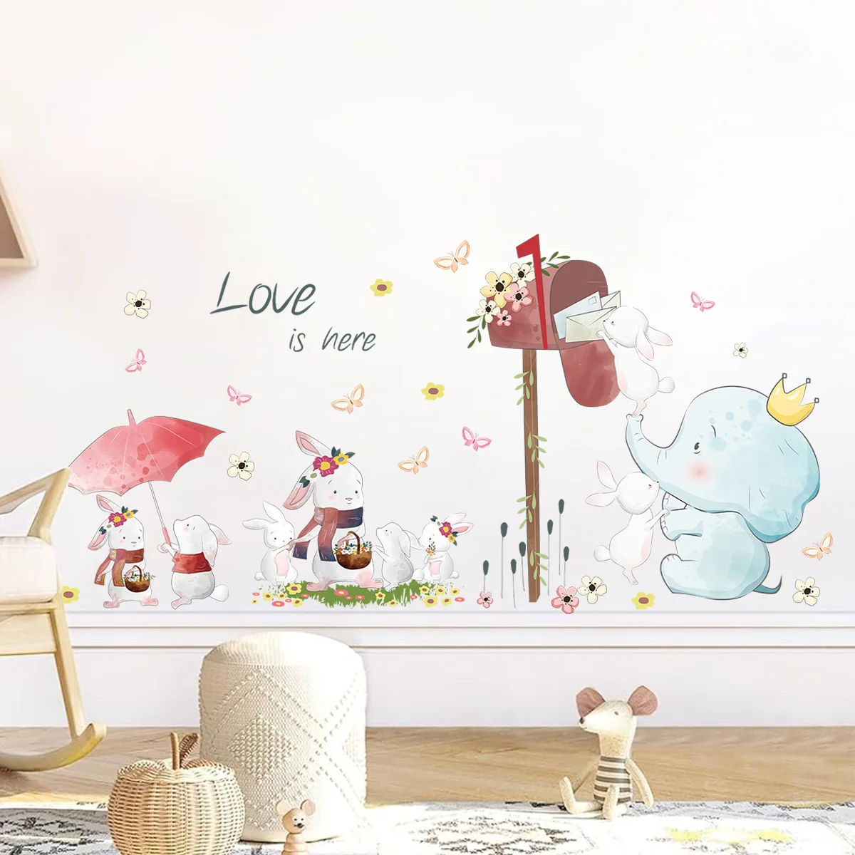 Cartoon Cute Rabbits Elephant Recieve Email Wall Stickers Lovely Bunny Decals for Kids Room Baby Bedroom Nursery Wall Decoration