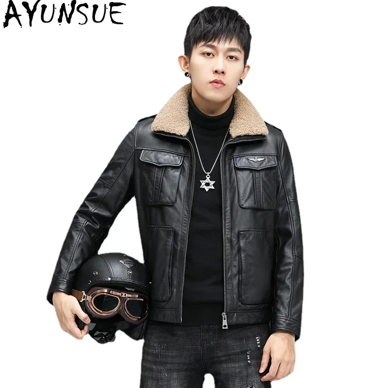 

AYUNSUE Winter Genuine Cowhide Leather Coat Male 2025 Real Wool Collar Jacket Men White Duck Down Coats Casaco Masculino Gxy795