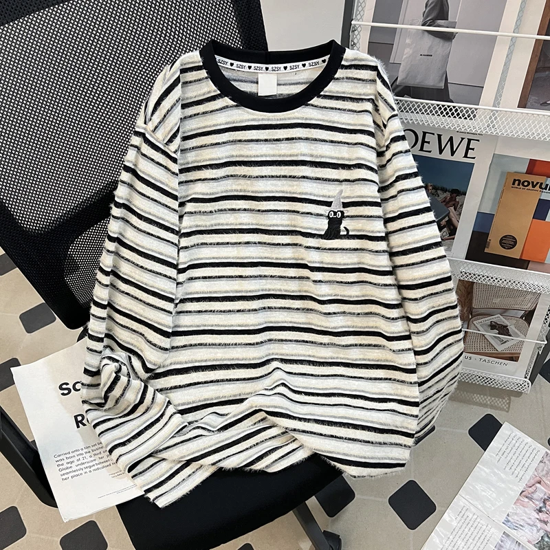 

ex Pure Cotton Long Sve Striped T-irt Autumn Winter Casual Faion Youthful round Ne Pullover for Men And Women
