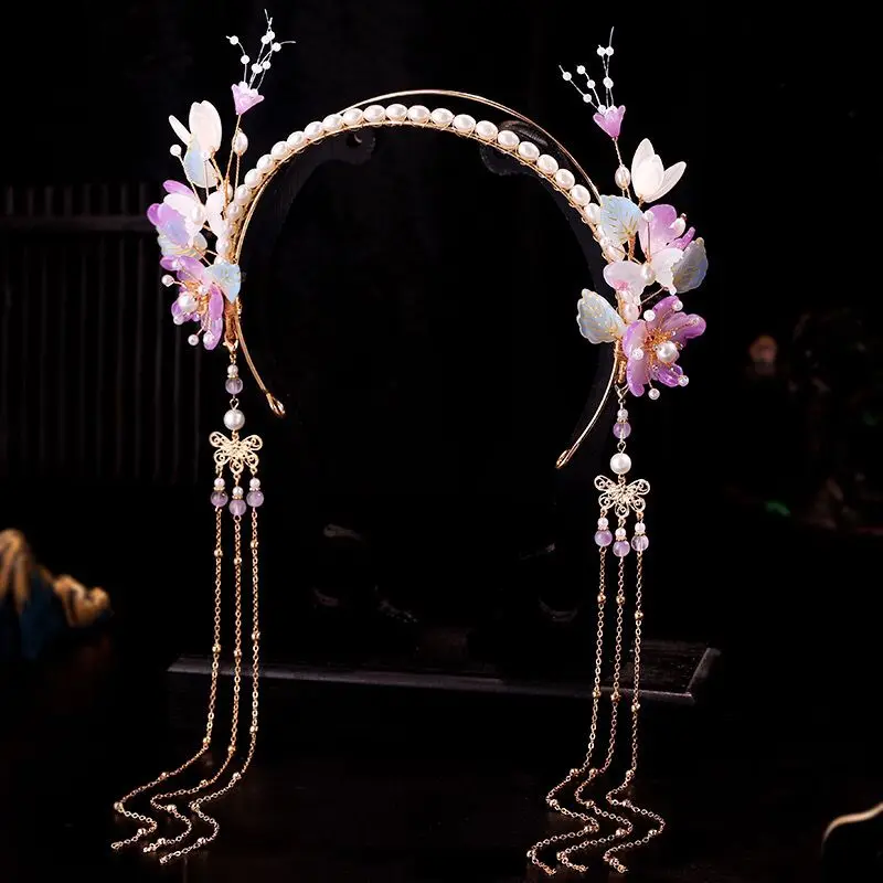 Diadema de borla larga para mujer y niña, aro de pelo Hanfu Floral, joyería de princesa Buyao para la frente, accesorios bonitos para el cabello