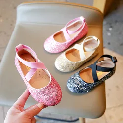 Princess Glitter Leather Girls Shoes Soft Comfortable Shiny Sequined Kids Shoes Sweet Wedding Dress Party Flats Mary Jane Shoes