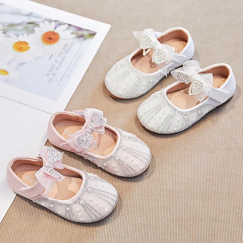 

Girls Shiny Crystal Performance Shoes 2024 Spring New Children's Mesh Bow Flats Sweet Princess Fashion Shoes Elegant Temperament