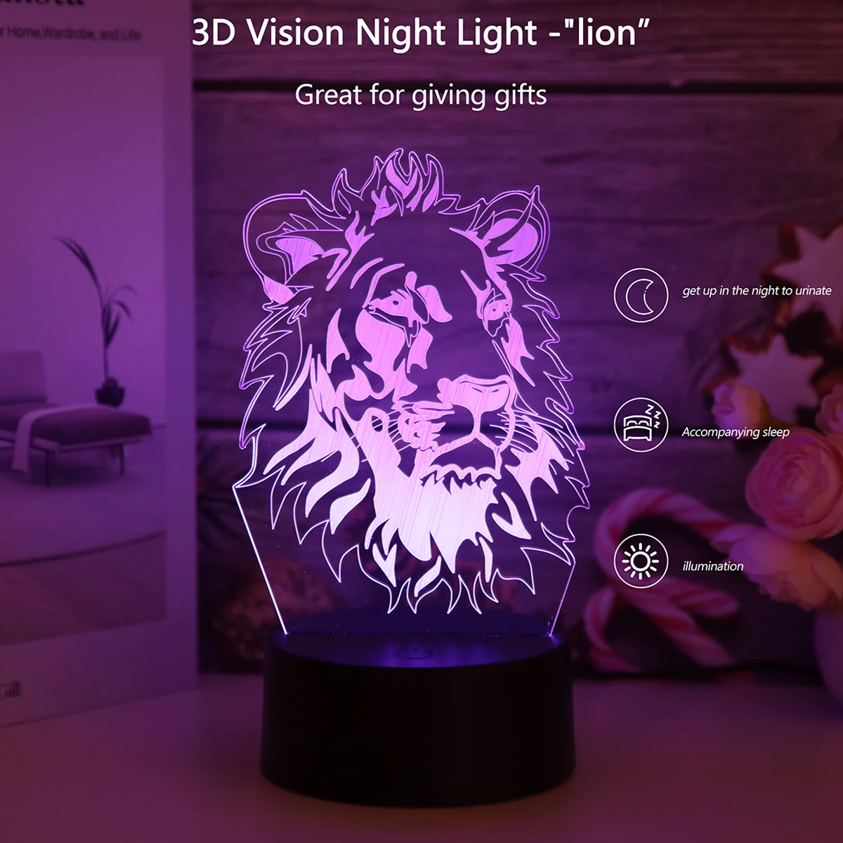 

3D Lion Acrylic Night светильник светодиодный, разные цвета, переключение градиента, визуальная атмосфера, Ночник светильник, подходит для спальни
